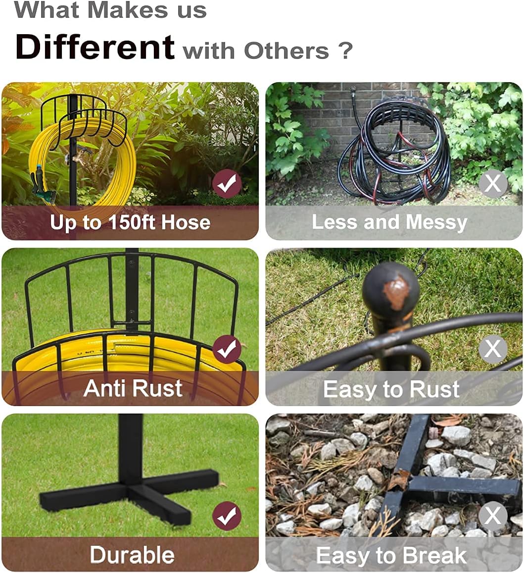 Freestanding Outdoor Garden Hose Holder Stand with Brass Faucet, Heavy Duty Metal Water Hose Reel Storage Stake Rack for Backyard, Black (Hose not Included)
