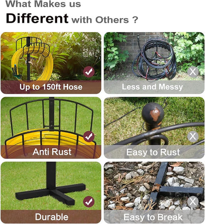 Freestanding Outdoor Garden Hose Holder Stand with Brass Faucet, Heavy Duty Metal Water Hose Reel Storage Stake Rack for Backyard, Black (Hose not Included)