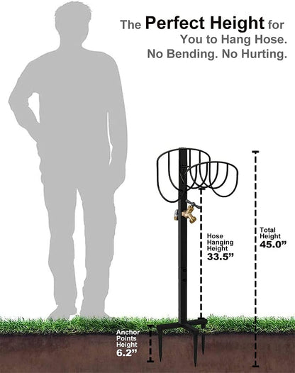 Freestanding Outdoor Garden Hose Holder Stand with Brass Faucet, Heavy Duty Metal Water Hose Reel Storage Stake Rack for Backyard, Black (Hose not Included)