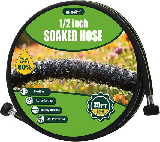 1/2'' Soaker Hose 25ft for Garden, Drip Irrigation Hose, Water Seeper Soaker Hoses for Foundation Watering, Save 80% Water for Vegetable Gardens, Flower Beds, Lawns, Orchards, Black