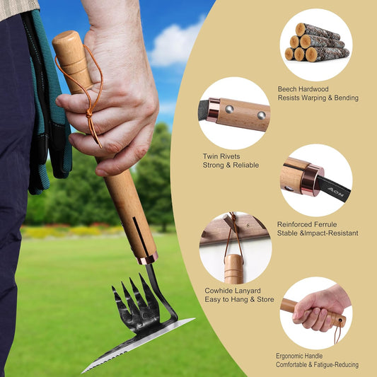Japanese Weeding Sickle & Hand Hoe, 4-Tine Uprooting Garden Tool