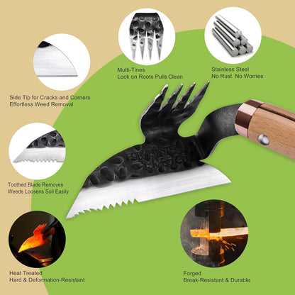 Japanese Weeding Sickle & Hand Hoe, 4-Tine Uprooting Garden Tool
