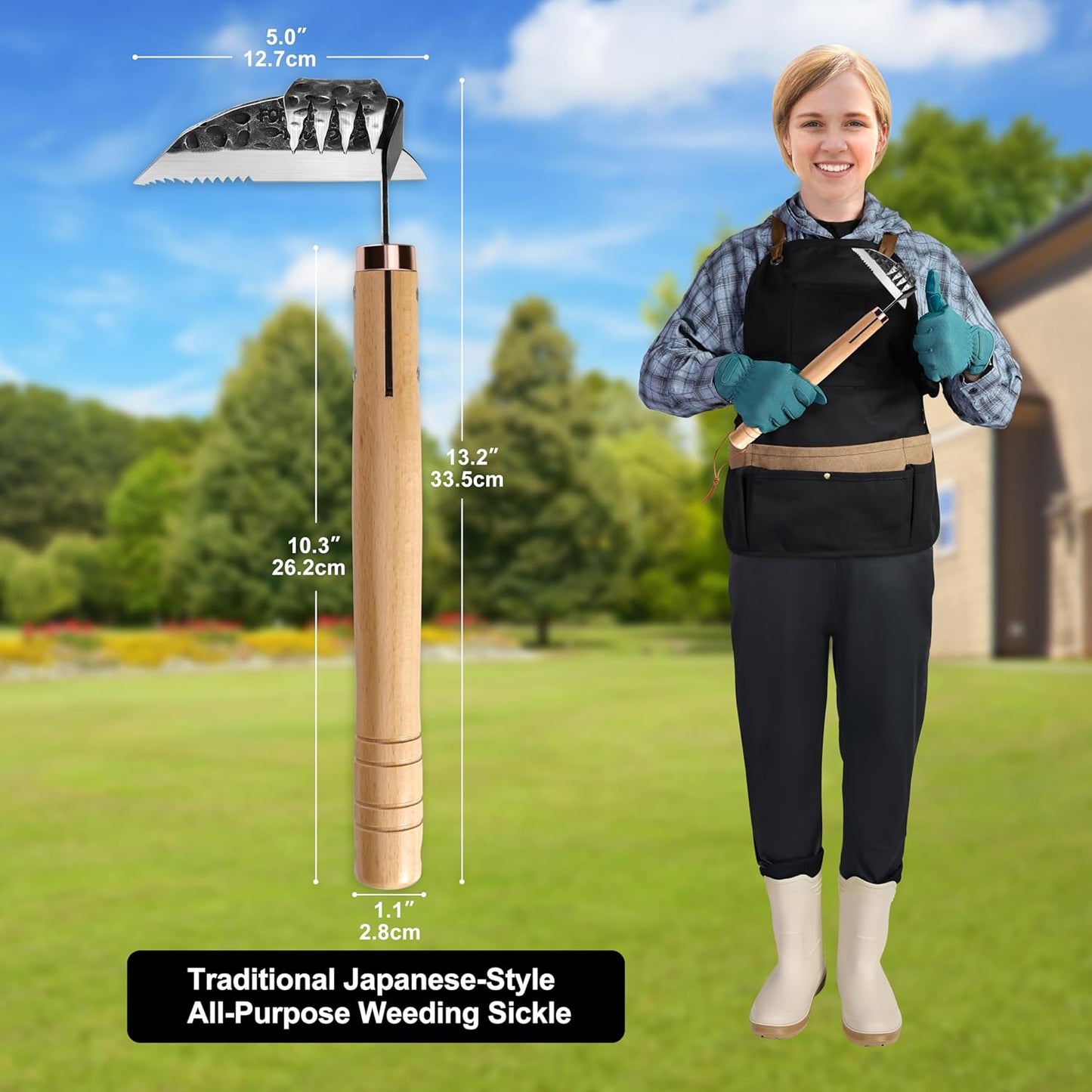 Japanese Weeding Sickle & Hand Hoe, 4-Tine Uprooting Garden Tool