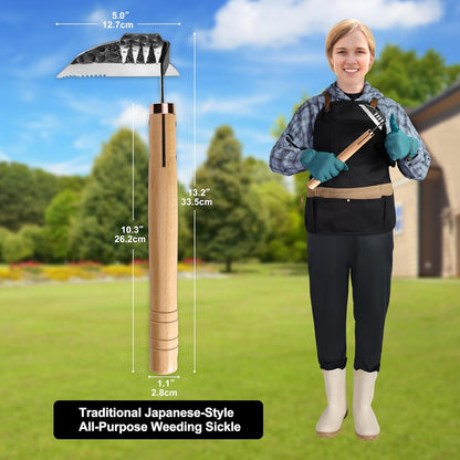 Japanese Weeding Sickle & Hand Hoe, 4-Tine Uprooting Garden Tool