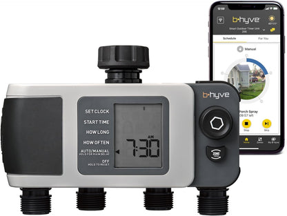 B-hyve XD 4-Port Smart Hose Watering Timer - App Controlled - Smart WeatherSense - Bluetooth Sprinkler Timer with Remote Control - Multi Outlet Yard Irrigation System - 24634