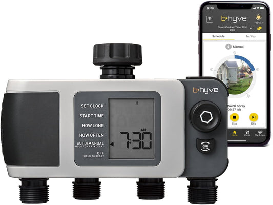 B-hyve XD 4-Port Smart Hose Watering Timer - App Controlled - Smart WeatherSense - Bluetooth Sprinkler Timer with Remote Control - Multi Outlet Yard Irrigation System - 24634