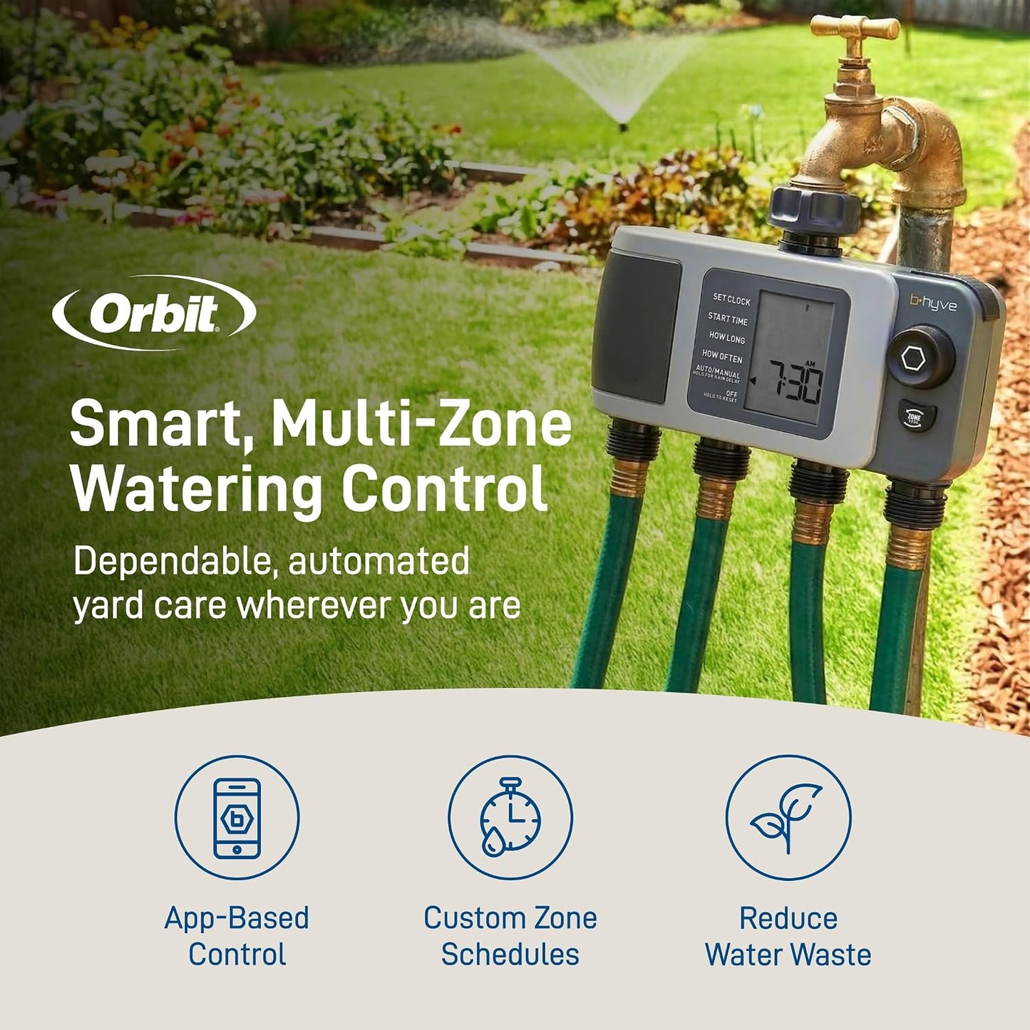 B-hyve XD 4-Port Smart Hose Watering Timer - App Controlled - Smart WeatherSense - Bluetooth Sprinkler Timer with Remote Control - Multi Outlet Yard Irrigation System - 24634