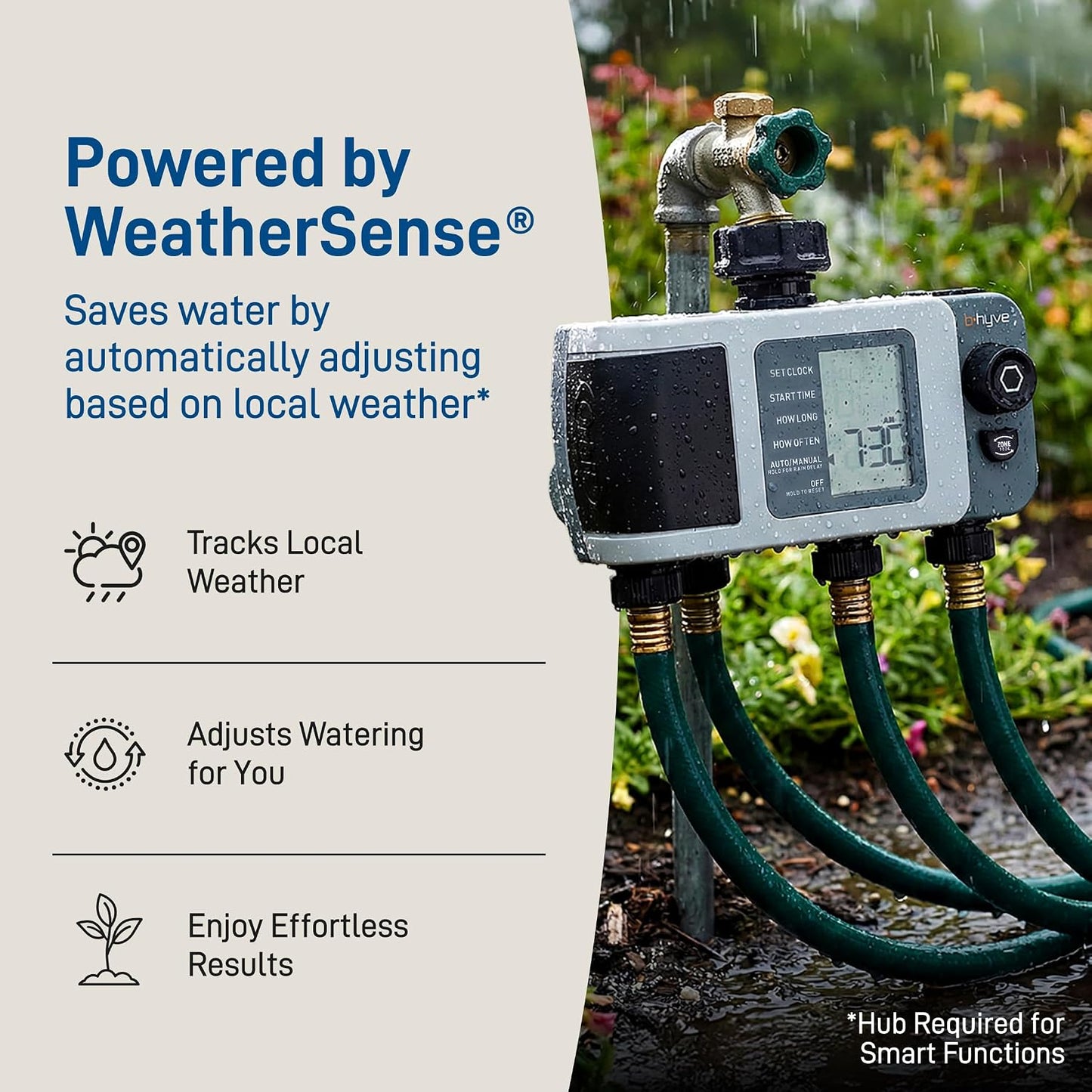 B-hyve XD 4-Port Smart Hose Watering Timer - App Controlled - Smart WeatherSense - Bluetooth Sprinkler Timer with Remote Control - Multi Outlet Yard Irrigation System - 24634