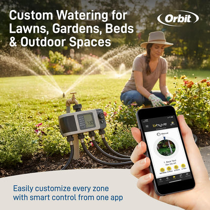 B-hyve XD 4-Port Smart Hose Watering Timer - App Controlled - Smart WeatherSense - Bluetooth Sprinkler Timer with Remote Control - Multi Outlet Yard Irrigation System - 24634
