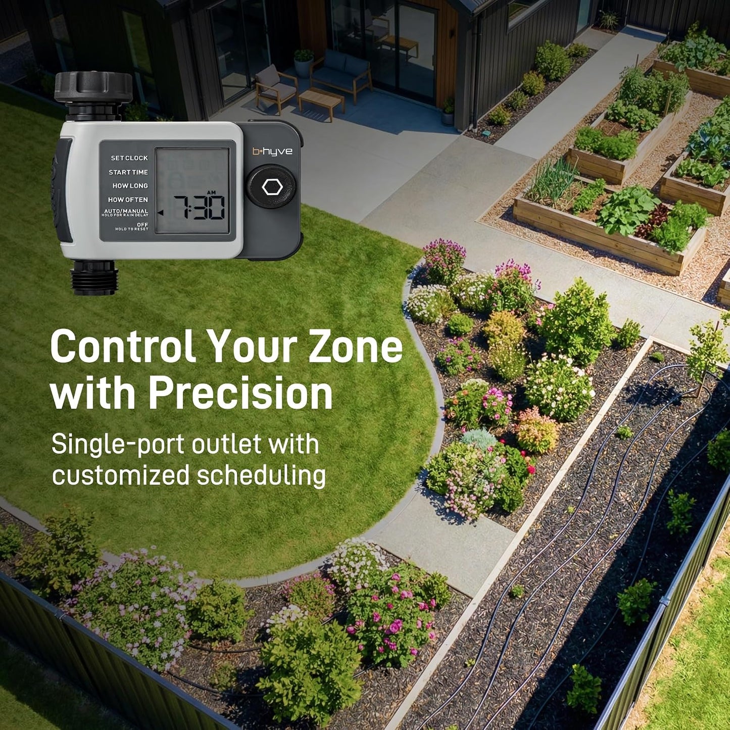 B-hyve XD 4-Port Smart Hose Watering Timer - App Controlled - Smart WeatherSense - Bluetooth Sprinkler Timer with Remote Control - Multi Outlet Yard Irrigation System - 24634