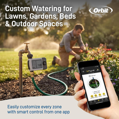 B-hyve XD 4-Port Smart Hose Watering Timer - App Controlled - Smart WeatherSense - Bluetooth Sprinkler Timer with Remote Control - Multi Outlet Yard Irrigation System - 24634