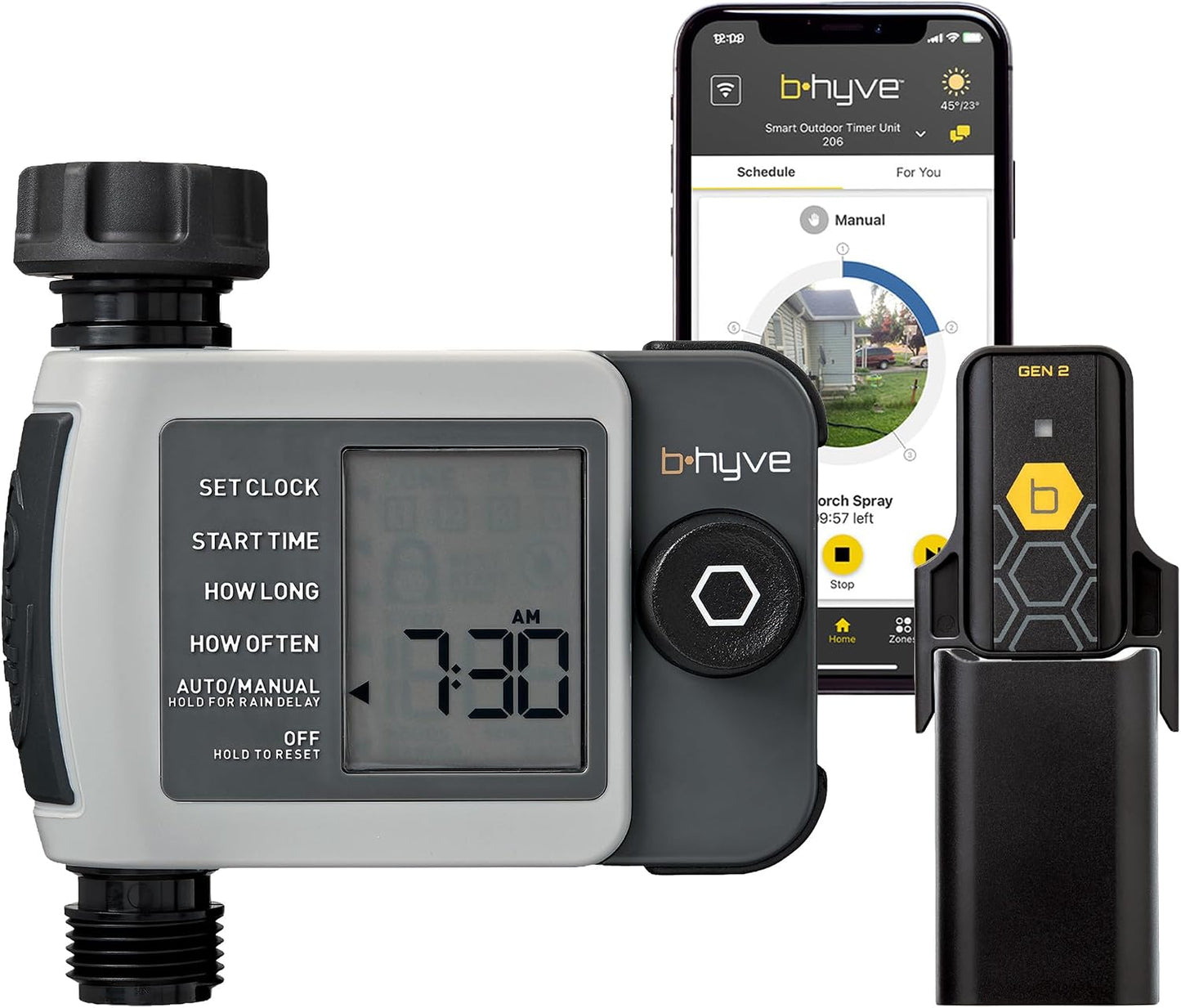 B-hyve XD 4-Port Smart Hose Watering Timer - App Controlled - Smart WeatherSense - Bluetooth Sprinkler Timer with Remote Control - Multi Outlet Yard Irrigation System - 24634