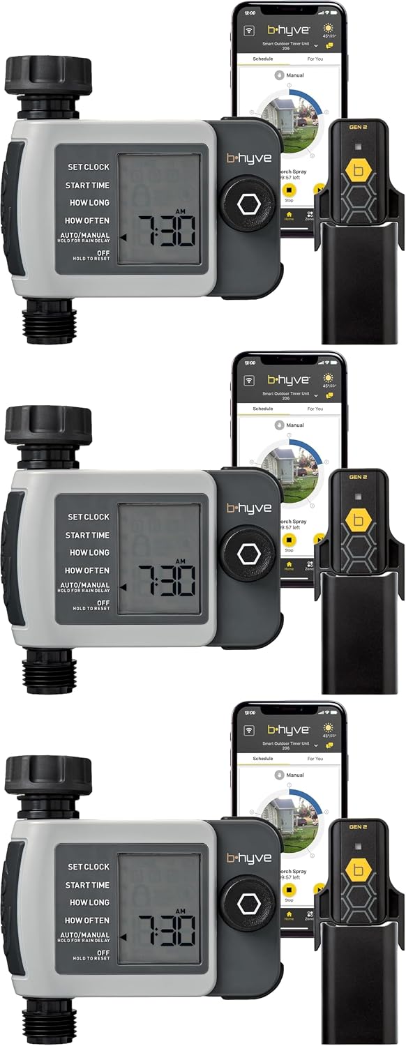 B-hyve XD 4-Port Smart Hose Watering Timer - App Controlled - Smart WeatherSense - Bluetooth Sprinkler Timer with Remote Control - Multi Outlet Yard Irrigation System - 24634