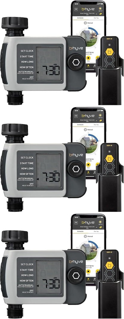 B-hyve XD 4-Port Smart Hose Watering Timer - App Controlled - Smart WeatherSense - Bluetooth Sprinkler Timer with Remote Control - Multi Outlet Yard Irrigation System - 24634