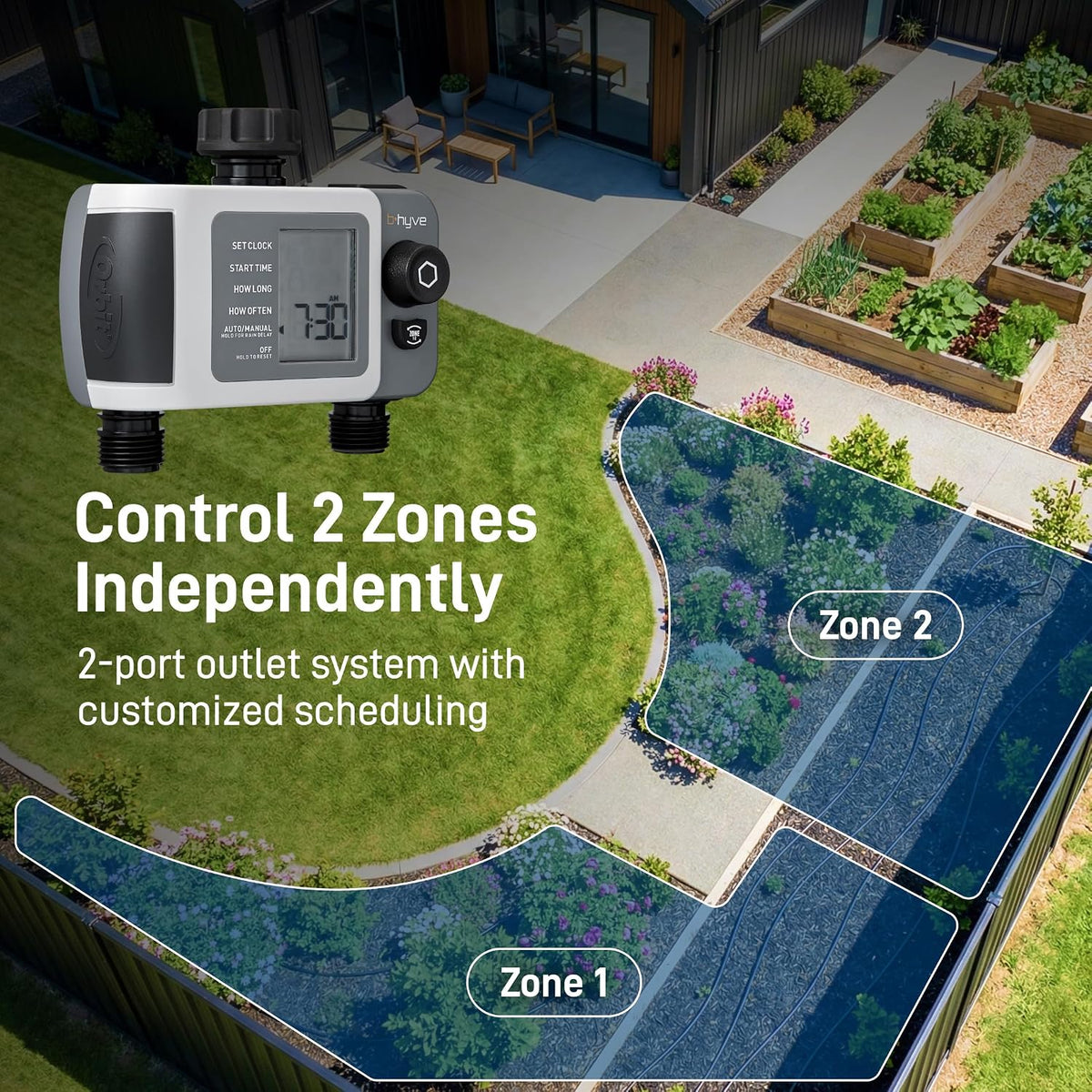 B-hyve XD 4-Port Smart Hose Watering Timer - App Controlled - Smart WeatherSense - Bluetooth Sprinkler Timer with Remote Control - Multi Outlet Yard Irrigation System - 24634
