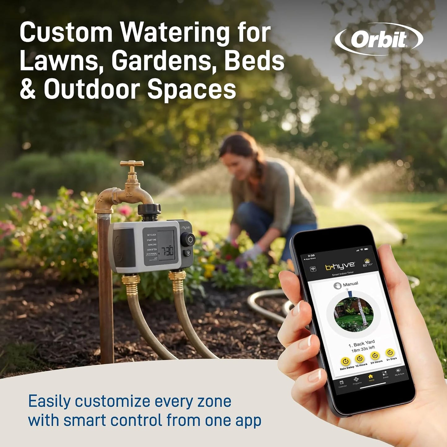 B-hyve XD 4-Port Smart Hose Watering Timer - App Controlled - Smart WeatherSense - Bluetooth Sprinkler Timer with Remote Control - Multi Outlet Yard Irrigation System - 24634