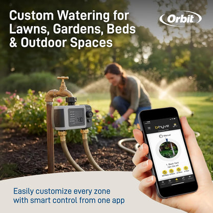 B-hyve XD 4-Port Smart Hose Watering Timer - App Controlled - Smart WeatherSense - Bluetooth Sprinkler Timer with Remote Control - Multi Outlet Yard Irrigation System - 24634