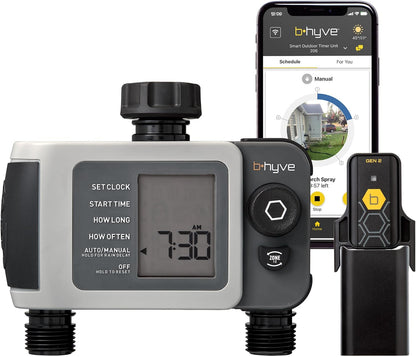 B-hyve XD 4-Port Smart Hose Watering Timer - App Controlled - Smart WeatherSense - Bluetooth Sprinkler Timer with Remote Control - Multi Outlet Yard Irrigation System - 24634