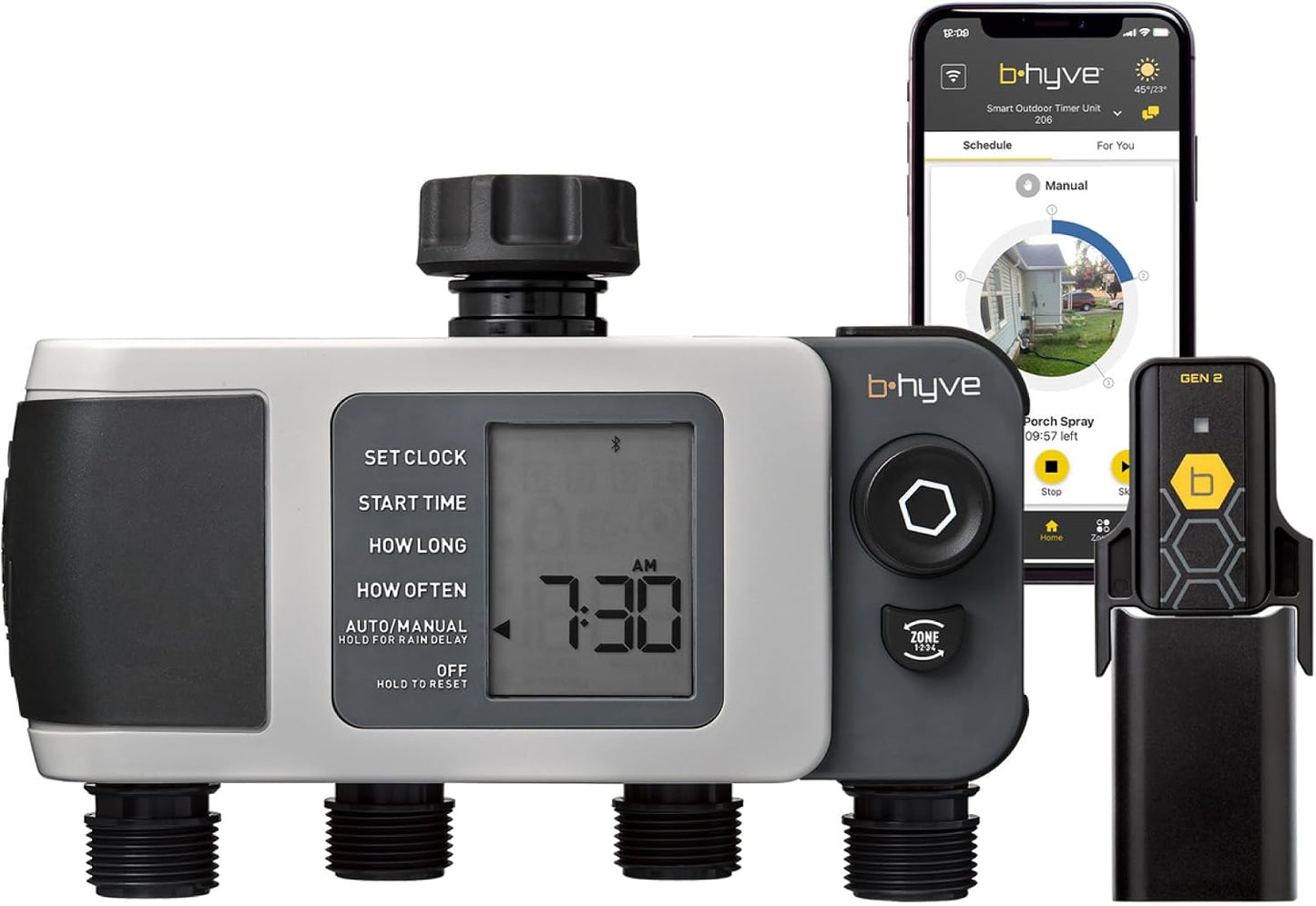 B-hyve XD 4-Port Smart Hose Watering Timer - App Controlled - Smart WeatherSense - Bluetooth Sprinkler Timer with Remote Control - Multi Outlet Yard Irrigation System - 24634