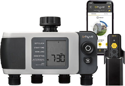 B-hyve XD 4-Port Smart Hose Watering Timer - App Controlled - Smart WeatherSense - Bluetooth Sprinkler Timer with Remote Control - Multi Outlet Yard Irrigation System - 24634