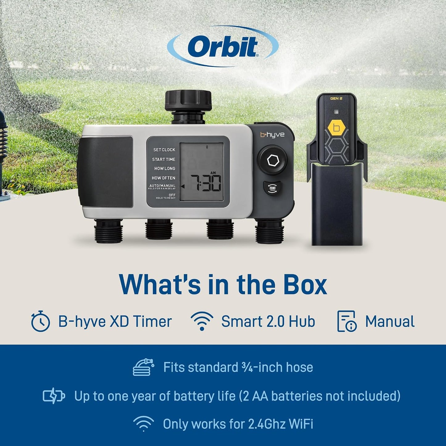 B-hyve XD 4-Port Smart Hose Watering Timer - App Controlled - Smart WeatherSense - Bluetooth Sprinkler Timer with Remote Control - Multi Outlet Yard Irrigation System - 24634