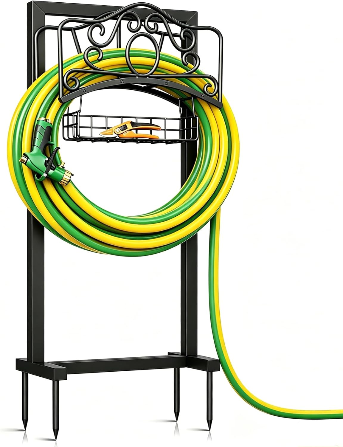 Garden Hose Holder, Upgraded Heavy Duty Water Hose Holder Stand with Storage Basket Holds 160FT, Freestanding Hose Hanger for Garden, Black