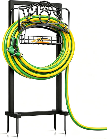 Garden Hose Holder, Upgraded Heavy Duty Water Hose Holder Stand with Storage Basket Holds 160FT, Freestanding Hose Hanger for Garden, Black