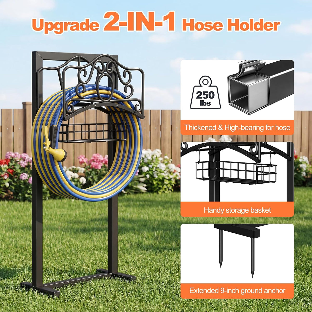 Garden Hose Holder, Upgraded Heavy Duty Water Hose Holder Stand with Storage Basket Holds 160FT, Freestanding Hose Hanger for Garden, Black