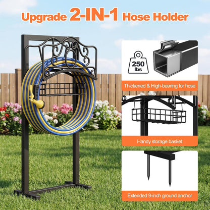 Garden Hose Holder, Upgraded Heavy Duty Water Hose Holder Stand with Storage Basket Holds 160FT, Freestanding Hose Hanger for Garden, Black