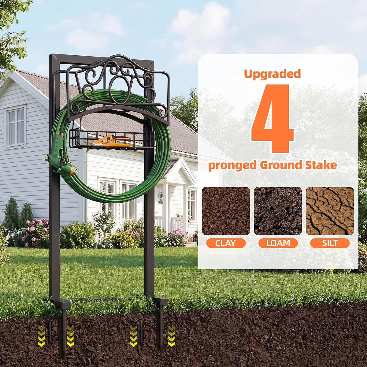 Garden Hose Holder, Upgraded Heavy Duty Water Hose Holder Stand with Storage Basket Holds 160FT, Freestanding Hose Hanger for Garden, Black