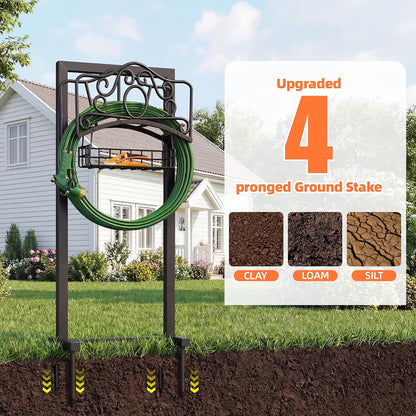 Garden Hose Holder, Upgraded Heavy Duty Water Hose Holder Stand with Storage Basket Holds 160FT, Freestanding Hose Hanger for Garden, Black