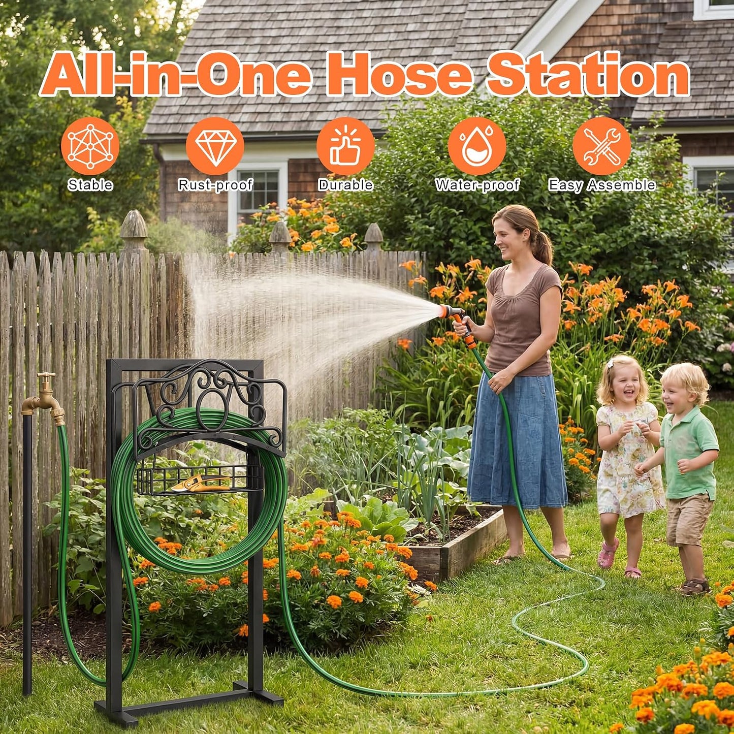 Garden Hose Holder, Upgraded Heavy Duty Water Hose Holder Stand with Storage Basket Holds 160FT, Freestanding Hose Hanger for Garden, Black