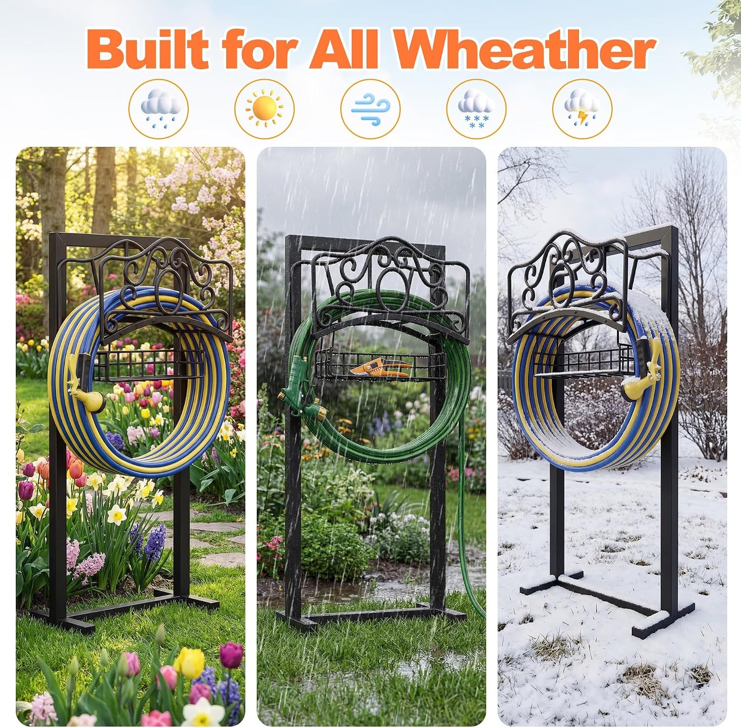 Garden Hose Holder, Upgraded Heavy Duty Water Hose Holder Stand with Storage Basket Holds 160FT, Freestanding Hose Hanger for Garden, Black