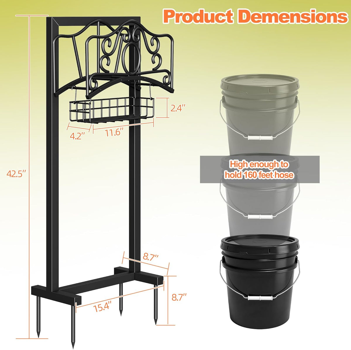 Garden Hose Holder, Upgraded Heavy Duty Water Hose Holder Stand with Storage Basket Holds 160FT, Freestanding Hose Hanger for Garden, Black