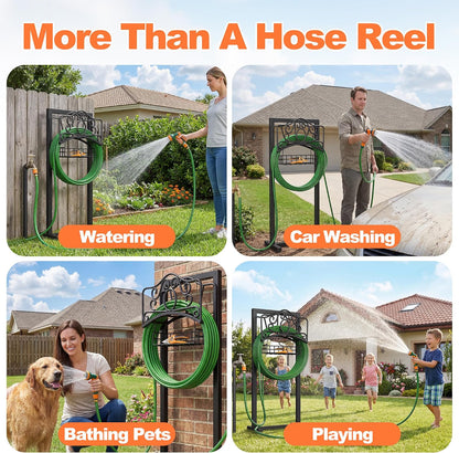 Garden Hose Holder, Upgraded Heavy Duty Water Hose Holder Stand with Storage Basket Holds 160FT, Freestanding Hose Hanger for Garden, Black