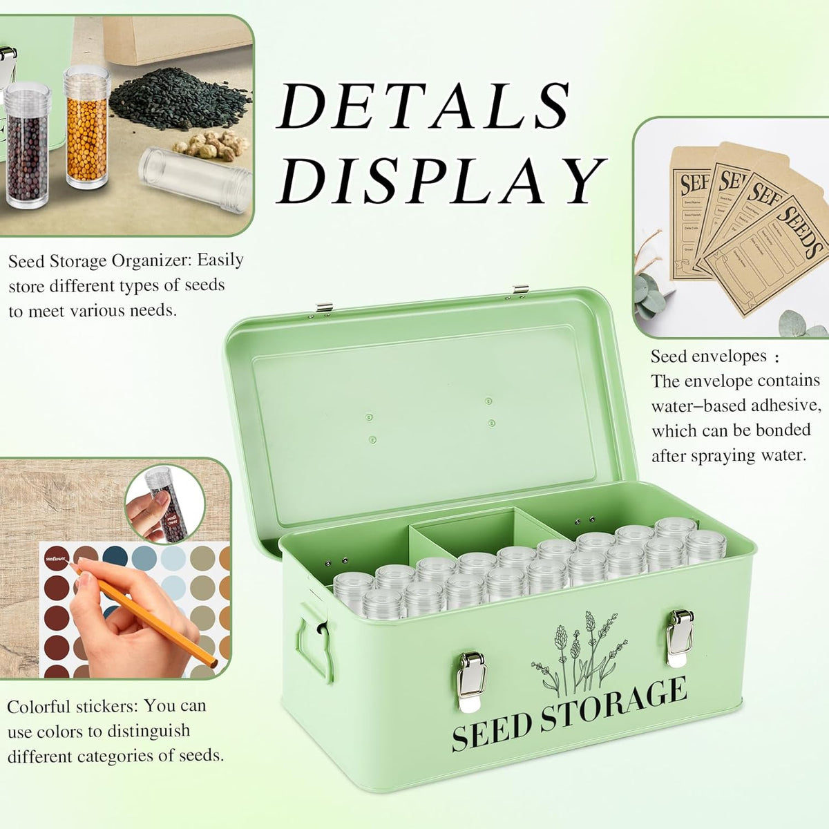60 Slots Seed Storage Box with 4 Dividers, Metal Seed Storage Organizer Saving Box, Seeds Packet Container, Professional All-in-One Kit with 60 Seeds Envelopes and Label Stickers