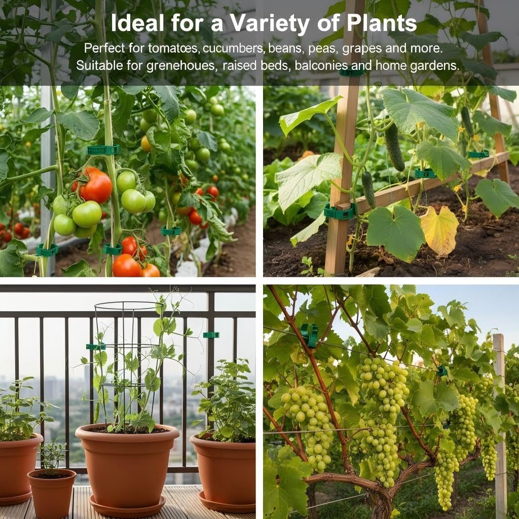 100Pcs Plant Support Clips - Plastic Stem Clips for Climbing Plants, Tomato Vines, Grape Vegetables, Secure & Reusable Garden Clips (Green)