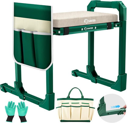 Saker Garden Kneeler and Seat Foldable Gardening Stool with Extendable Legs & Thickened Pad, Tool/Storage Bag, Heavy Duty 400lbs Support for Elderly, Gardening, Outdoor Use