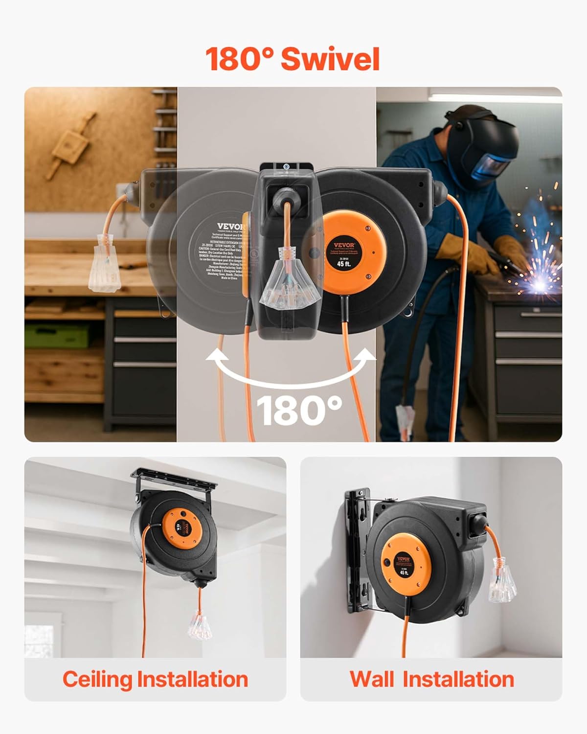 65FT Retractable Extension Cord Reel, Heavy Duty 12AWG/3C SJTOW Cord