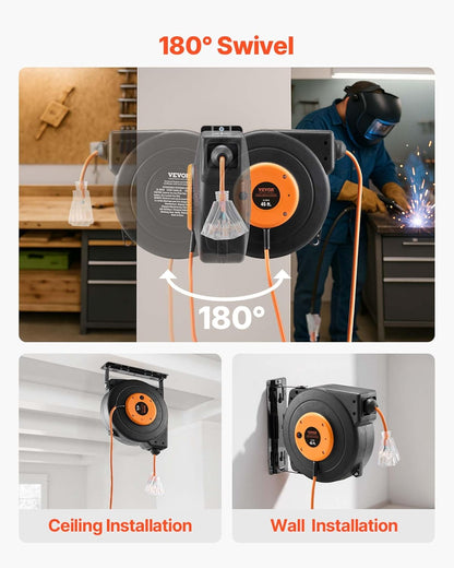 65FT Retractable Extension Cord Reel, Heavy Duty 12AWG/3C SJTOW Cord