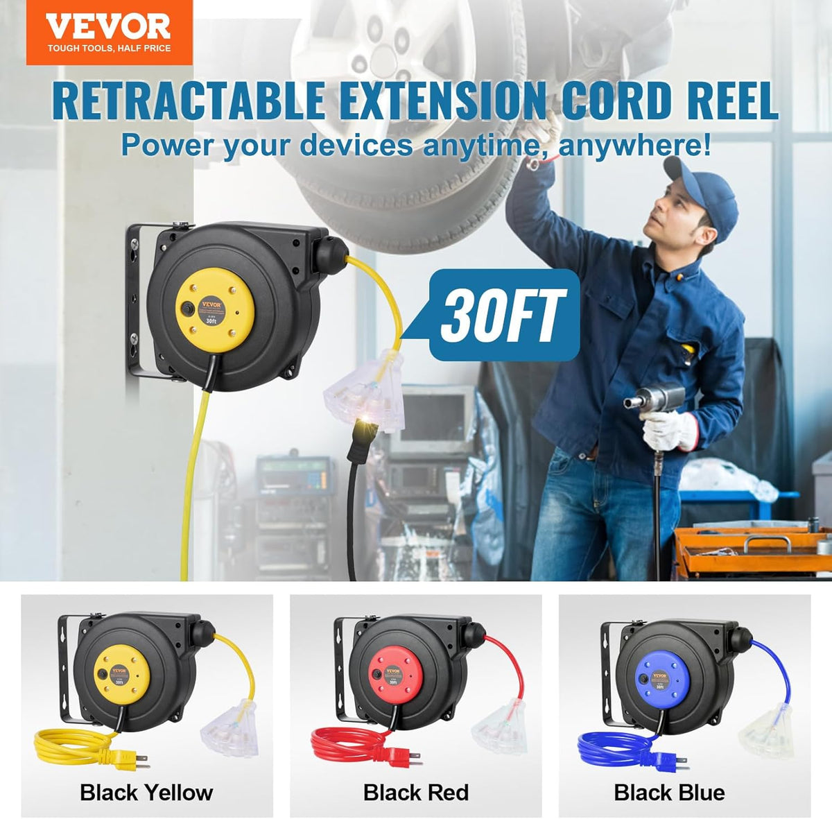 65FT Retractable Extension Cord Reel, Heavy Duty 12AWG/3C SJTOW Cord