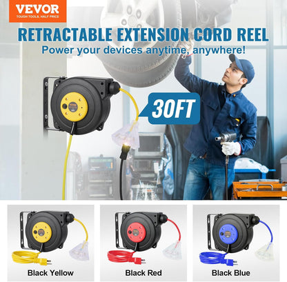 65FT Retractable Extension Cord Reel, Heavy Duty 12AWG/3C SJTOW Cord