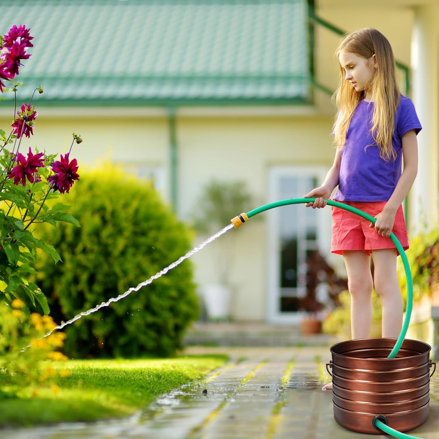 FillTouch Garden Hose Pot with Lid and Handle, Matte Black Ribbed Steel Garden Hose Holder Water Hose Storage Container for Outside Backyard Patio, Holds 100ft Hose