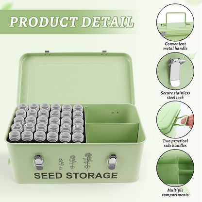 60 Slots Seed Storage Organizer, Metal Seed Saving Box with Lid and Safety Locks, Seeds Storage Container with 60 Seeds Envelopes and 64 Label, 3 Compartments, Perfect for Flower Plants Garden