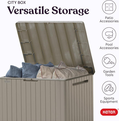 Keter City 30 Gallon Resin Outdoor Storage Box and Patio Furniture Side Table for Pool and Garden Accessories, Brown