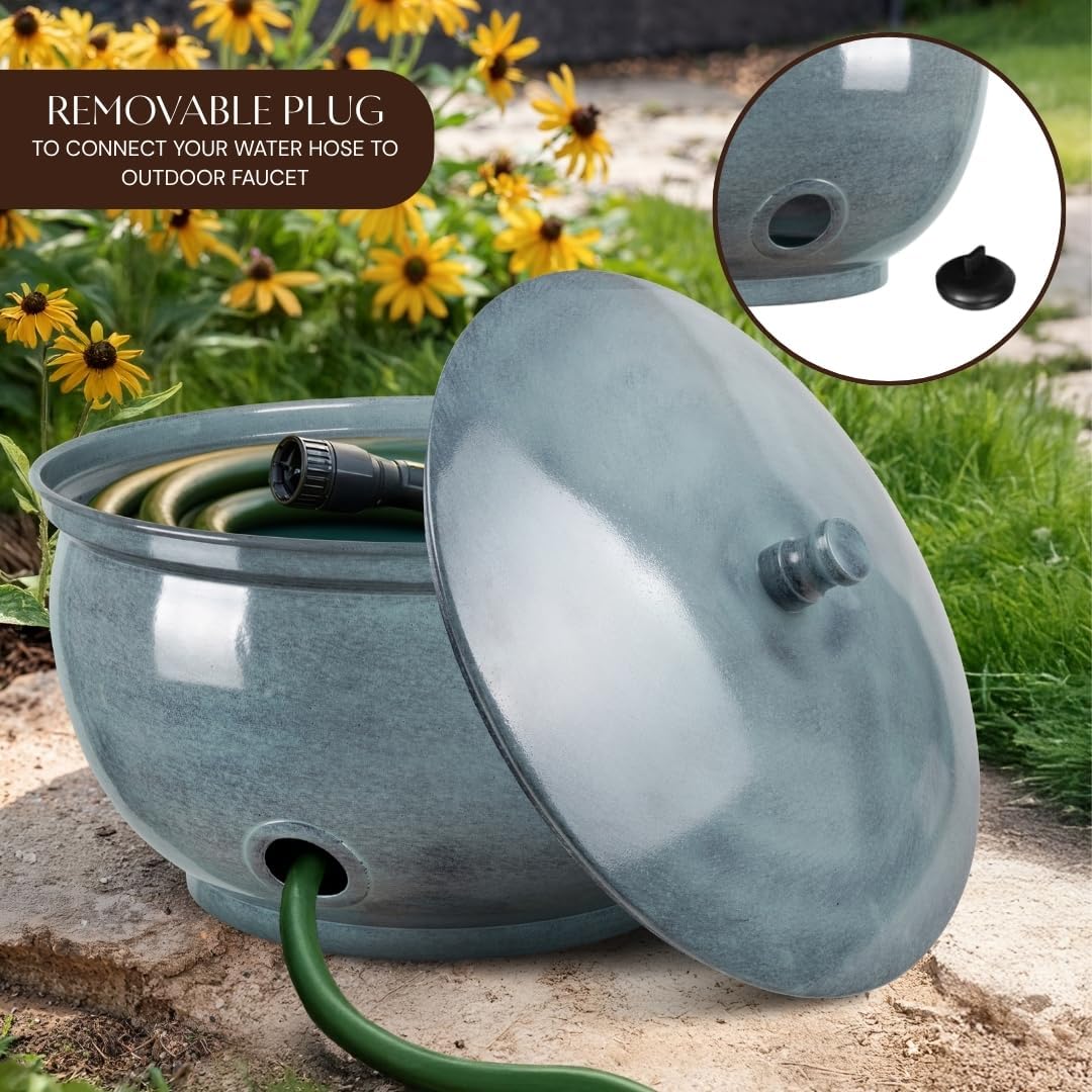 Monarch Abode Garden Hose Holder with Lid – Decorative Water Hose Holders for Outside, Smooth Metal Antique Copper Pot with Drainage, 100ft Waterhose Holder for Outside, Garden Storage Caddy