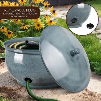 Monarch Abode Garden Hose Holder with Lid – Decorative Water Hose Holders for Outside, Smooth Metal Antique Copper Pot with Drainage, 100ft Waterhose Holder for Outside, Garden Storage Caddy