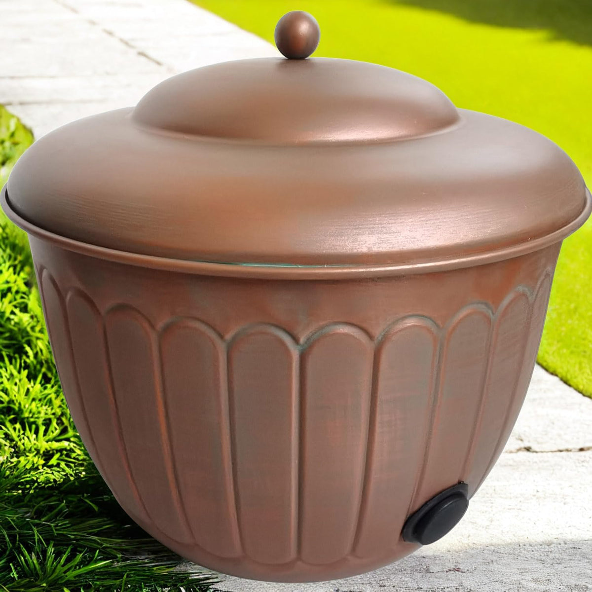 BSTGIFTS Garden Water Hose Holder - Decorative Metal Pot, Metal Hose Storage Pot, Garden Storage Organizer, Patio Portable Bucket - Antique Copper Accents, Holds up to 100ft Hoses (Embossed)