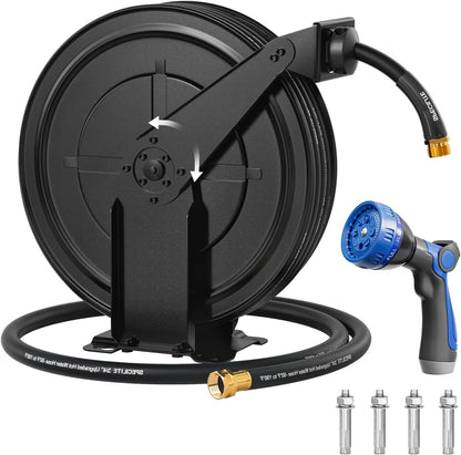 SPECILITE Hot/Cold Retractable Garden Hose Reel 50ft x 5/8'', -50℉ - 190 ℉, Wall Mount Water Pipe Spool, Heavy Duty, with 6ft Leader Hose, 8 Function Nozzle, for Backyard, Outdoor, Farm, Boat, Black