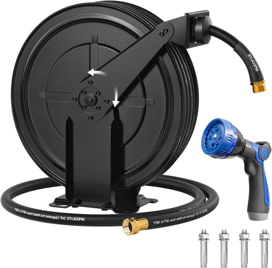 SPECILITE Hot/Cold Retractable Garden Hose Reel 50ft x 5/8'', -50℉ - 190 ℉, Wall Mount Water Pipe Spool, Heavy Duty, with 6ft Leader Hose, 8 Function Nozzle, for Backyard, Outdoor, Farm, Boat, Black